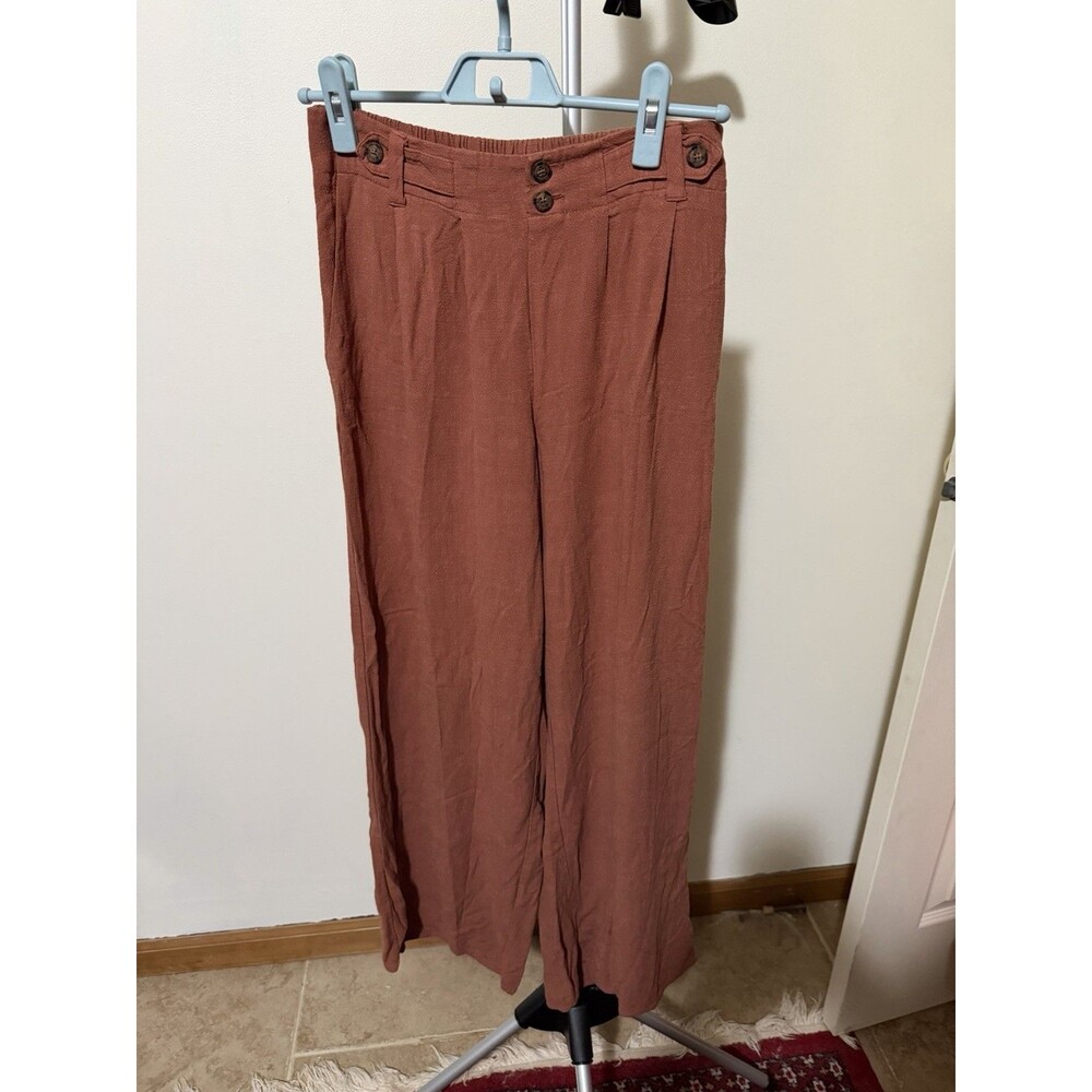 Brown Wide-Leg Pants Solid Women's Flat Front Button Elastic Waist Rayon Linen